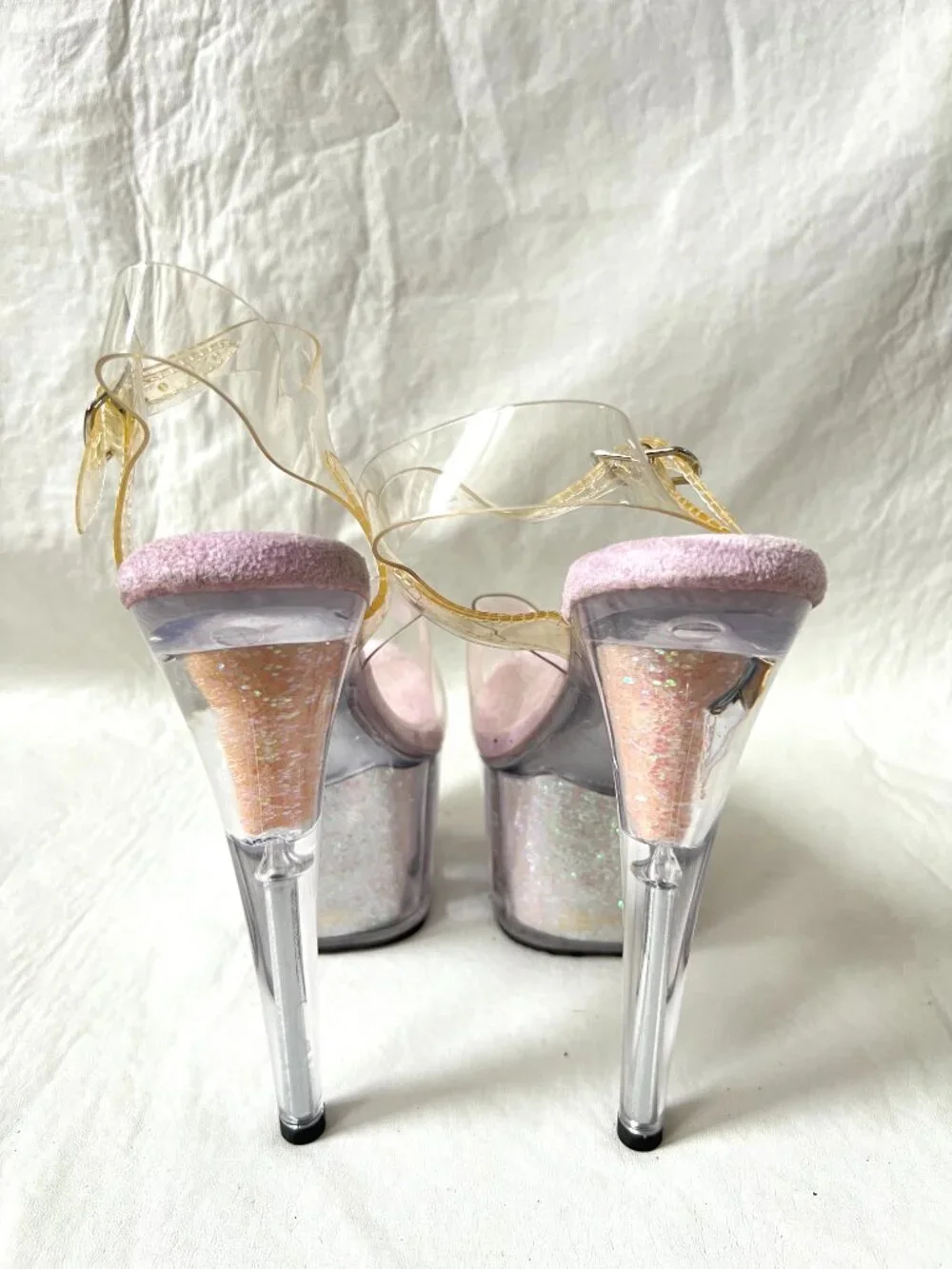 Pleaser platform high heels womens 8 clear plastic Adore-708UVG glitter UV glow